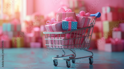 pink gift boxes and colorful hearts in the shopping mall
