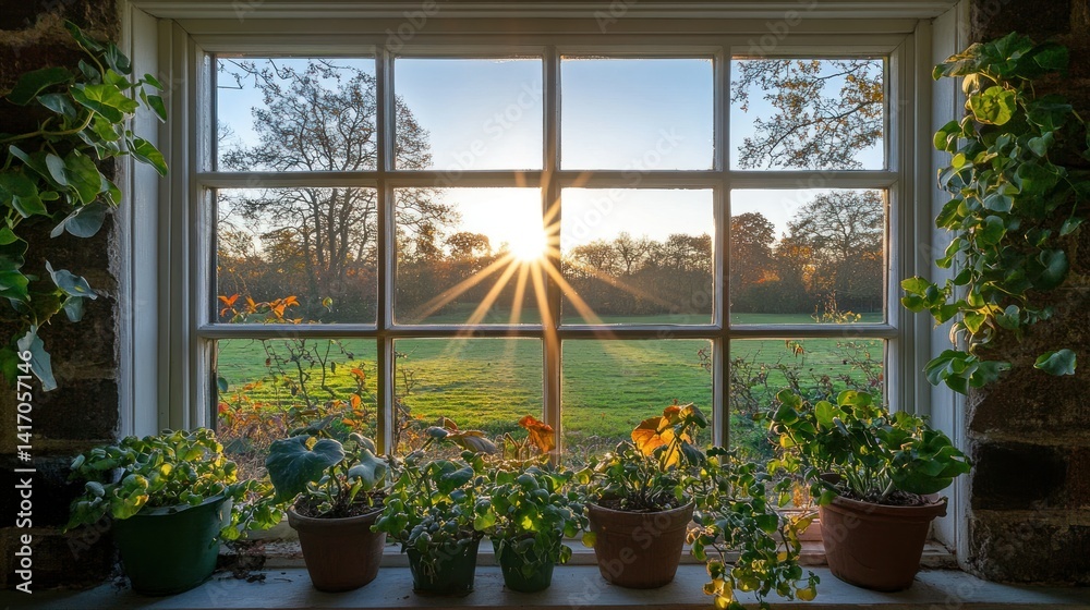 Sunlight streams through a window, illuminating plants on a sill