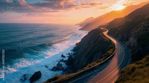 Beautiful sunset over the ocean with a long path leading to the water. Smooth repeating motion for background video animation.