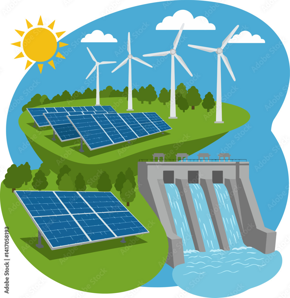 Minimalistic vector image of solar panels and wind turbines, hydroelectric power plants. Alternative sources of energy. Ecological energy