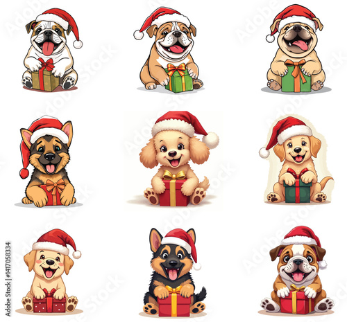 A cute brown animal, perhaps a dog or cat, wears a red Santa hat and holds a Christmas gift, ready for a fun holiday celebration