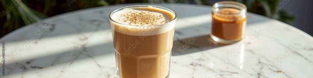 Creamy coffee latte and mini espresso on sunlit marble table Creamy coffee latte and mini espresso on sunlit marble table