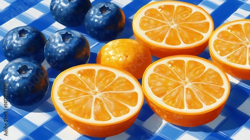 Vibrant blueberries and orange slices on a checkered tablecloth.