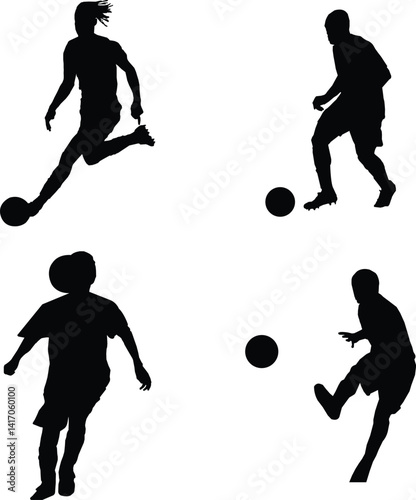 Soccer players silhouettes action poses set sport athletic competition game white background