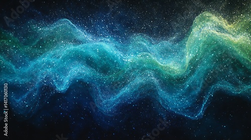 Abstract Teal and Gold Particle Wave, Abstract teal and gold particles forming a wave-like pattern on a dark background