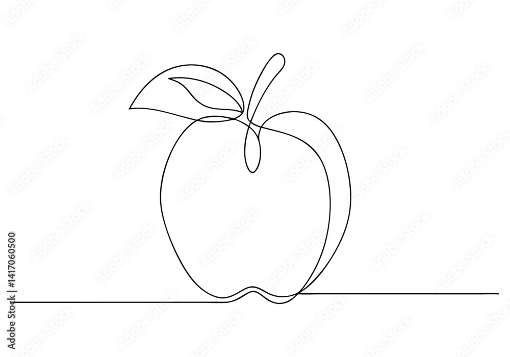 Continuous one line drawing of an apple outline in minimalist black and white style for modern wall art decor

