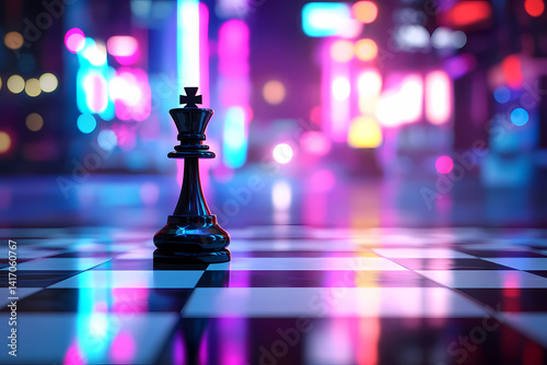 Chess King in Neon City: A majestic chess king piece stands prominently on a chessboard, set against the backdrop of a vibrant, neon-lit cityscape. Embodying strategy, leadership.