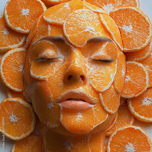 portrait of beautiful young woman with fresh orange slices and face mask