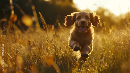 Happy golden-brown spaniel puppy joyfully running through golden fields image photo