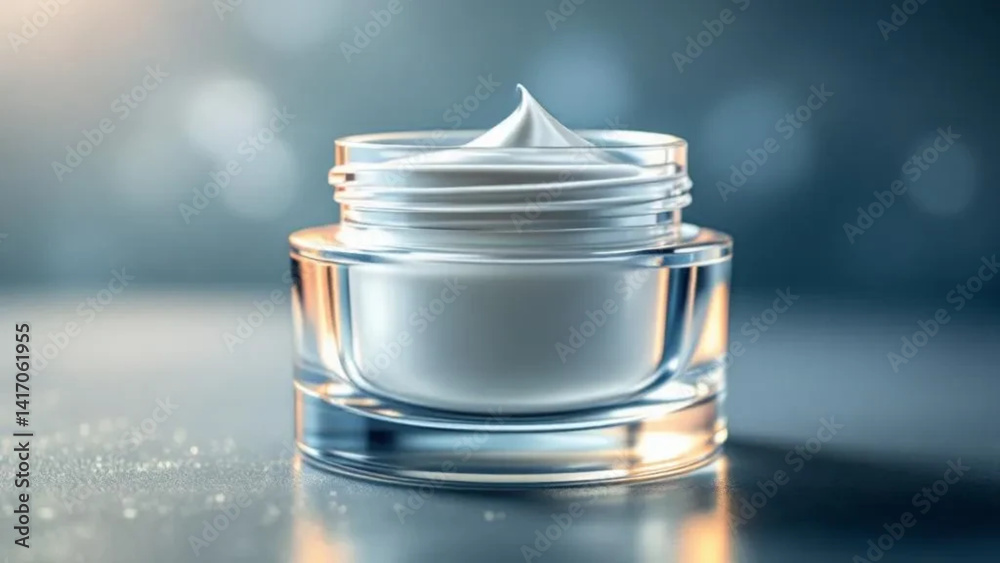 White glass jar for face cream. Close up.