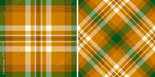 Two autumnal plaid patterns in warm gold, green, and white.  Perfect for fall fashion, textile design, or seasonal branding.