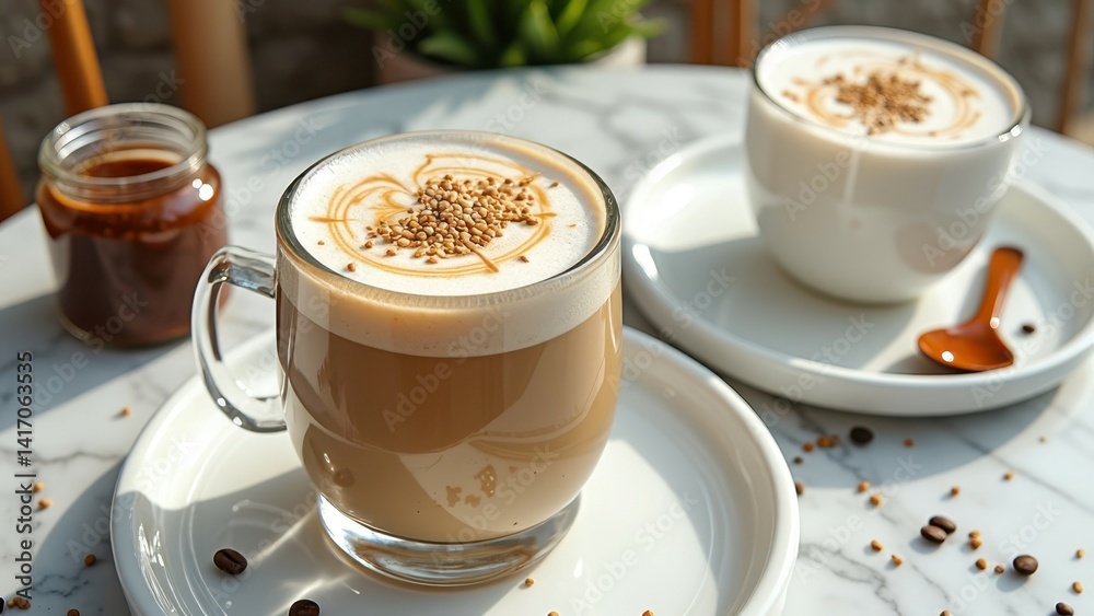 Creamy coffee latte with honey and cocoa on marble table Creamy coffee latte with honey and cocoa on marble table