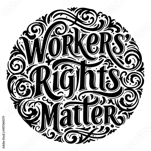 Circular, stylized lettering proclaiming "Worker's Rights Matter."  Ornate, decorative border.  Suitable for social media, posters, or activism-related advertisements and editorial use.