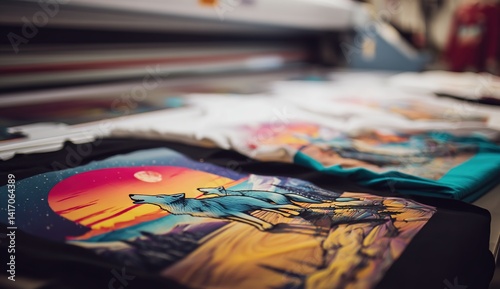 Digital Textile Printing: Vibrant Designs on Fabrics with Wolves at Sunset, Creating Custom Apparel with DTG Technology