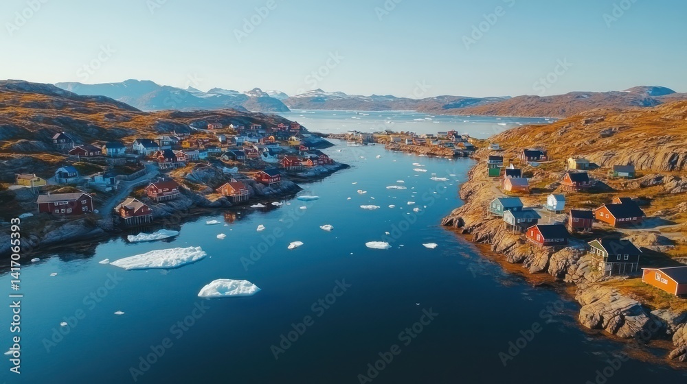 Fototapeta premium Arctic village aerial, icebergs, fjord, summer