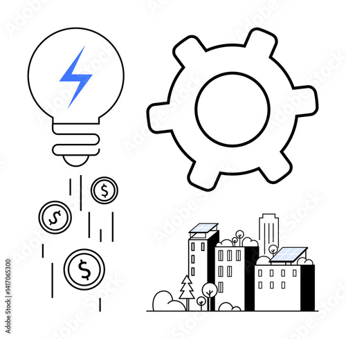 Light bulb with electric spark, coins dropping, gear symbol, solar panel buildings. Ideal for energy, economy, innovation, urban planning renewable resources sustainability growth. Flat simple