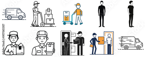 This vector icon collection features illustrations of delivery services, including couriers, trucks, and parcels, ideal for logistics, transportation, and shipping-related projects