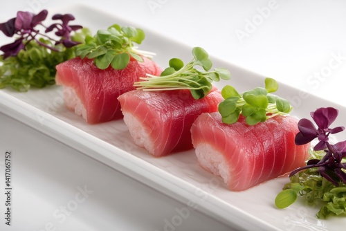 A close-up of delicious tuna nigiri sushi presented on a white plate, garnished with fresh microgreens and vibrant purple basil, a culinary delight.