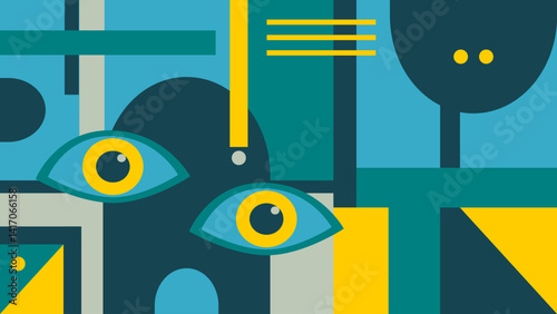 Abstract Geometric Composition in Blue and Yellow with Eyes. Minimalist modern mosaic contemporary style for banner, poster, wallpaper.