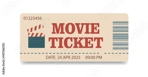 Movie ticket vector flat with barcode, cut line, simple style, red beige blue color