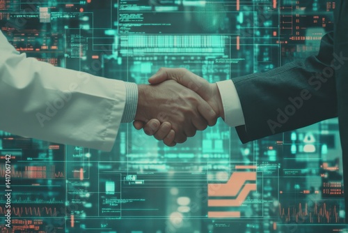 Business agreement between professionals with digital technology backdrop emphasizing collaboration and innovation in modern industry