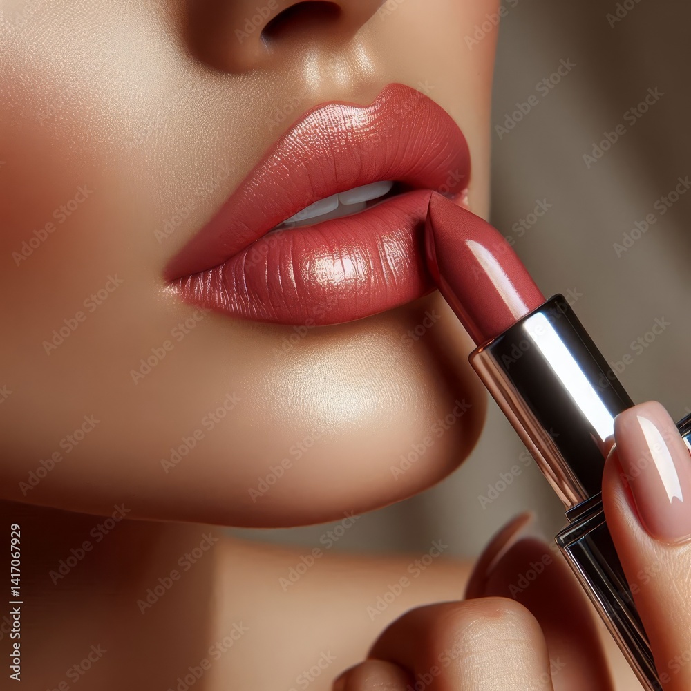 Obraz premium Caucasian Female Model putting on Lipstick - Cosmetic Advertisement of Lip Gloss, Liner, Lipstick, Lip Balm, - Woman Posing with and Applying Lipstick - Gloseup of Beauty Product