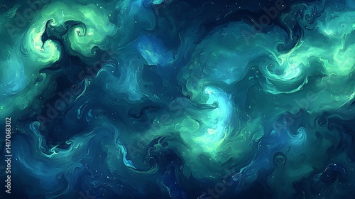 Abstract swirling teal and lime green color patterns.