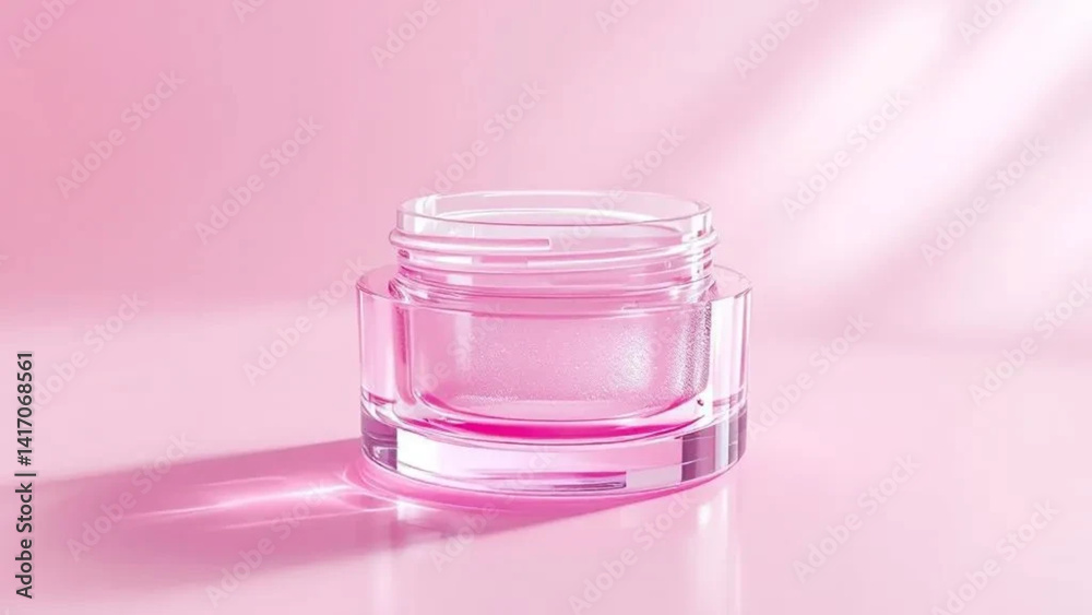 Pink glass jar for face cream. Close up.
