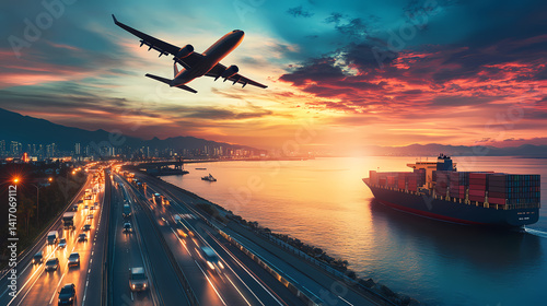 Air transport, the road of commerce, and water transportation come together in a scenic panorama showcasing the global interconnectedness of commerce.
