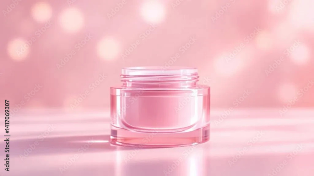 Pink glass jar for face cream. Close up.
