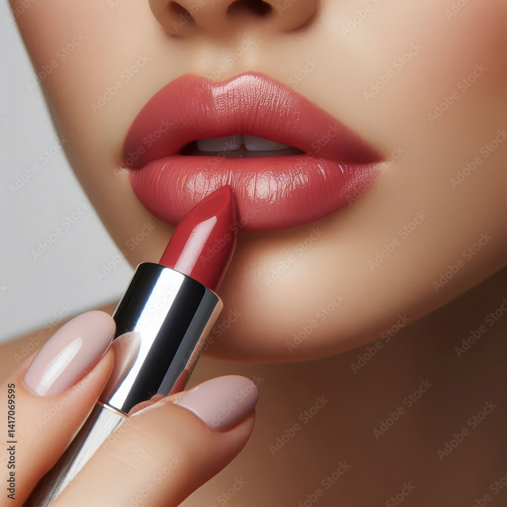 Obraz premium Caucasian Female Model putting on Lipstick - Cosmetic Advertisement of Lip Gloss, Liner, Lipstick, Lip Balm, - Woman Posing with and Applying Lipstick - Gloseup of Beauty Product