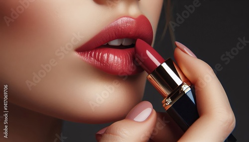 Caucasian Female Model putting on Lipstick - Cosmetic Advertisement of Lip Gloss, Liner, Lipstick, Lip Balm, - Woman Posing with and Applying Lipstick - Gloseup of Beauty Product