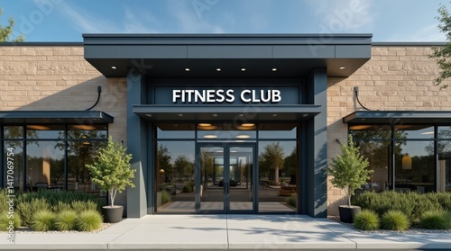 Contemporary fitness facility exterior featuring sleek architectural design with large glass windows revealing exercise activity inside, prominent brand signage