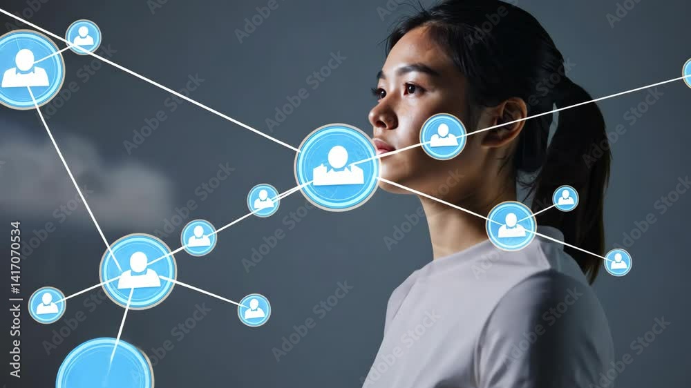 Woman connected to global network represented by interconnected person icons, symbolizing communication, and social media platform concept