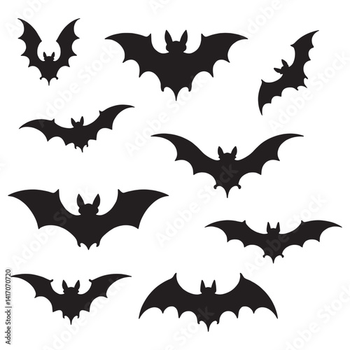 A set of black bat silhouettes with various wing shapes and body forms