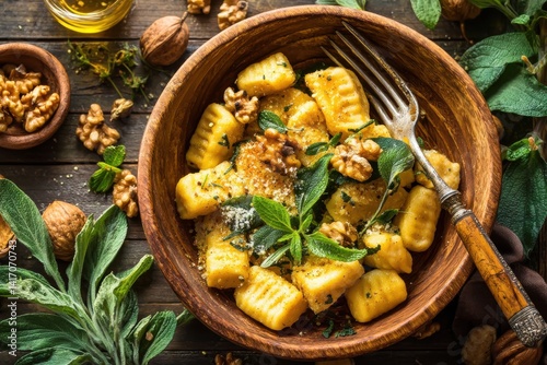 Delicious homemade gnocchi with sage butter and walnuts served in a wooden bowl, a rustic, authentic Italian dish that showcases fresh ingredients and simple preparation.