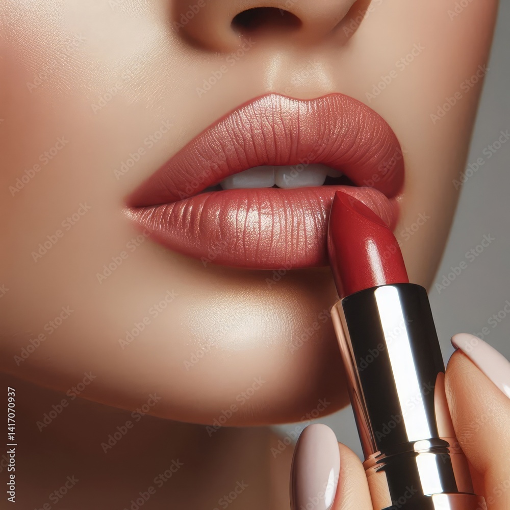 Obraz premium Caucasian Female Model putting on Lipstick - Cosmetic Advertisement of Lip Gloss, Liner, Lipstick, Lip Balm, - Woman Posing with and Applying Lipstick - Gloseup of Beauty Product