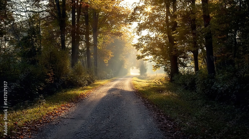 Fototapeta premium A sunlit forest path flanked by tall trees. Used in nature photography or wellness themes, it represents hope, journey, and harmony with nature
