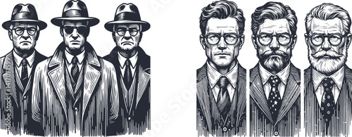  Three Serious-Looking Men Wearing Old Glasses in Suits and Fedoras – Vintage Style Engraving Design for Retro Art, mafia, gangster,monochrome,  man, mysterious, black-and-white, historical