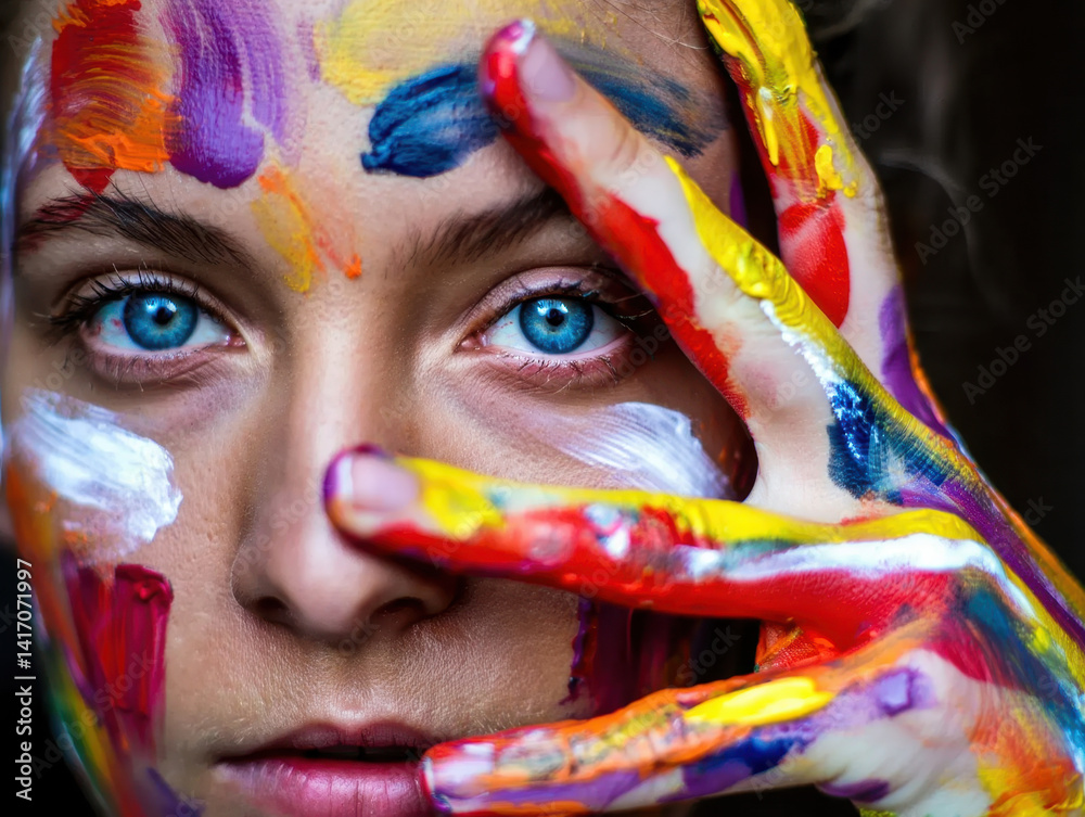 Fototapeta premium Close-Up Portrait with Abstract Multi-Colored Paint Splatter