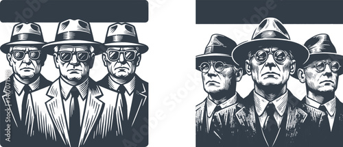 Set of Three Serious-Looking Men Wearing Old Glasses in Suits and Fedoras – Vintage Style Engraving Design for Retro Art, Classic Mafia Look, Gangster Theme, Laser Ready Vector Art