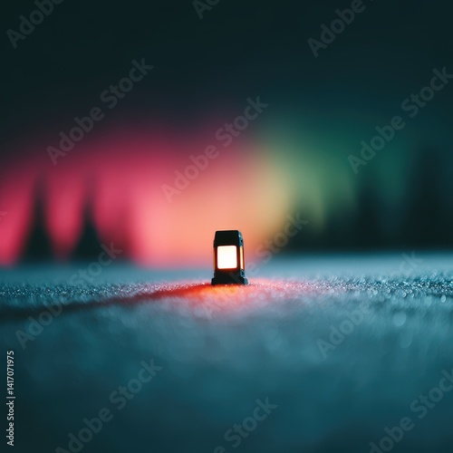 Stillness of winter forest captured in glow of northern lights and lantern