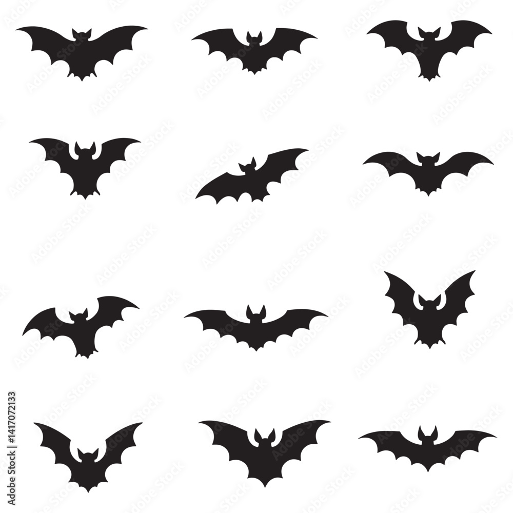 A set of black bat silhouettes with various wing shapes and body forms A set of black bat silhouettes with various wing shapes and body forms