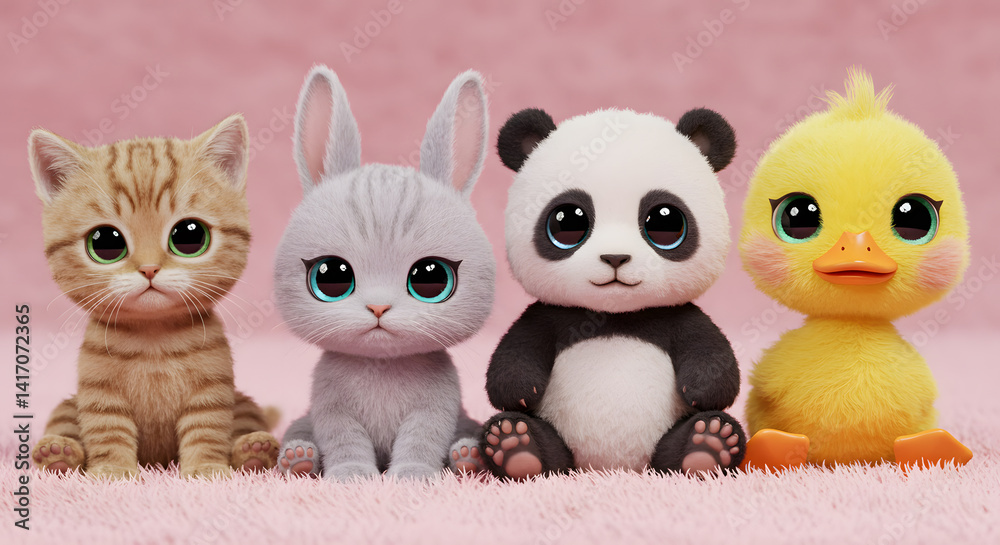 Obraz premium Four plush toys, including a cat, rabbit, panda, and duck, sitting on a pink fuzzy surface with a matching background.