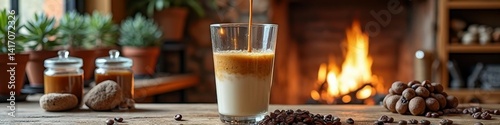 Cozy rustic scene with iced coffee, fireplace, and rustic decor