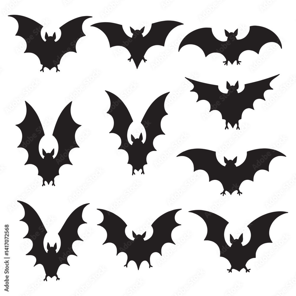 A set of black bat silhouettes with various wing shapes and body forms A set of black bat silhouettes with various wing shapes and body forms