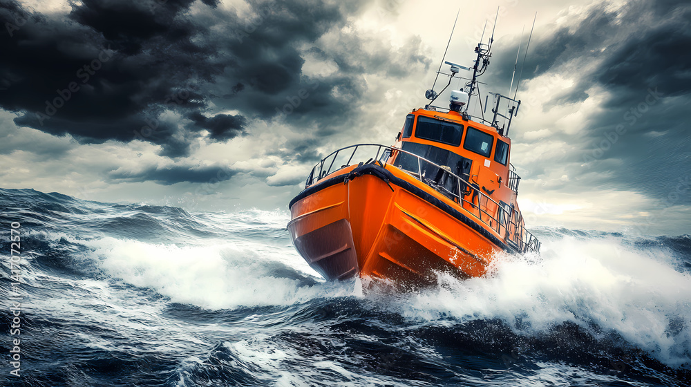 Obraz premium Navigating the Storm: A vibrant orange rescue boat fearlessly cuts through turbulent, churning ocean waters beneath a foreboding, dark, and stormy sky, embodying resilience and maritime might.