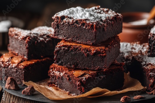 A decadent stack of homemade chocolate brownies dusted with powdered sugar, arranged on parchment paper and slate, ready to be enjoyed with your afternoon tea.