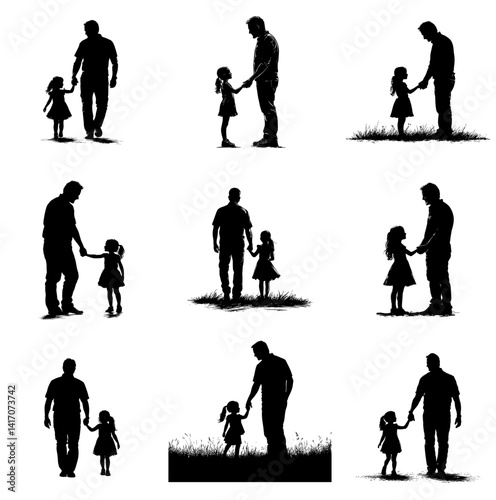 Monochrome silhouette set of nine variations depicting a father walking hand-in-hand with his daughter, with different arrangements and ground details. Represents family, fatherhood, the special bond 