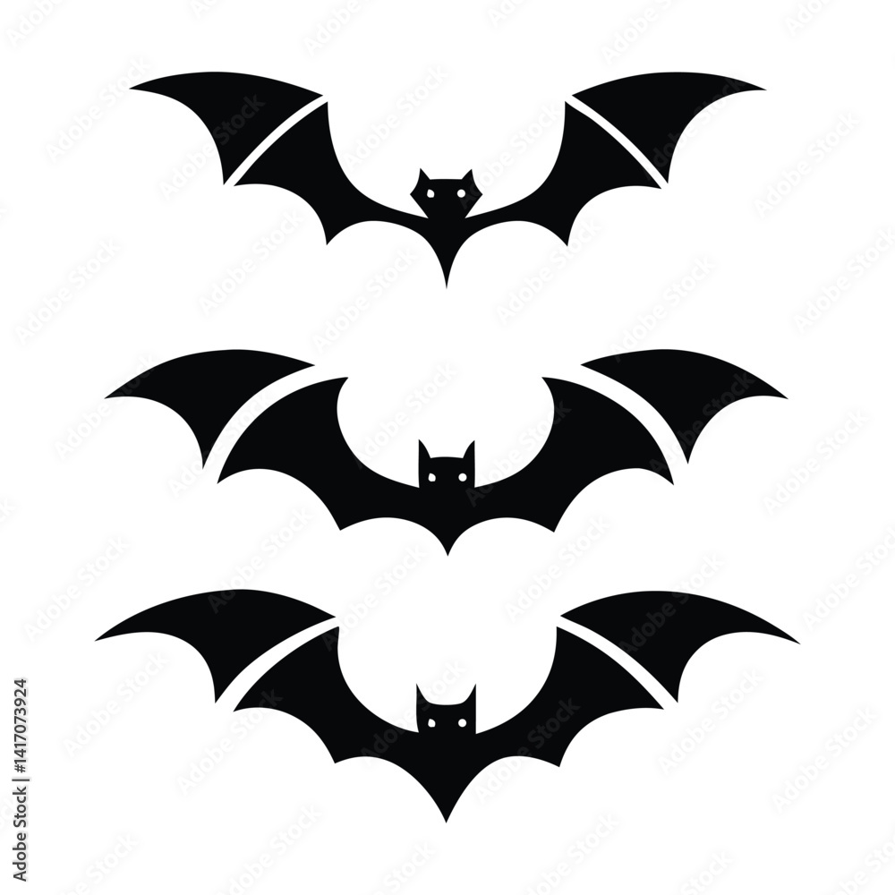 A set of black bat silhouettes with various wing shapes and body forms A set of black bat silhouettes with various wing shapes and body forms